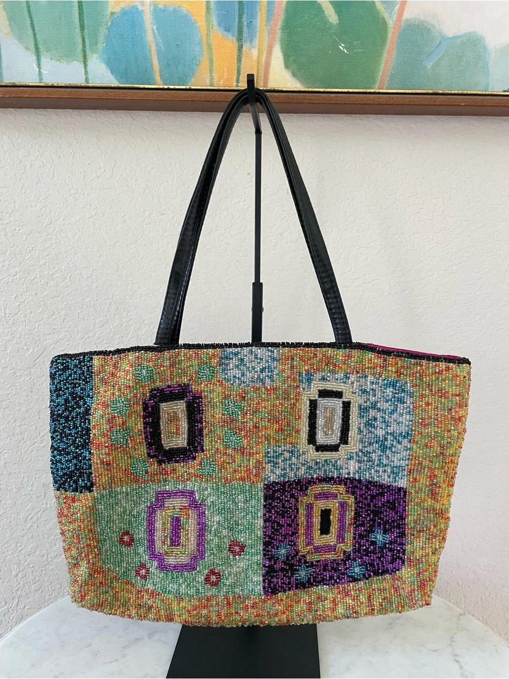 Vintage Christiana Hand Beaded Geometric Tote Y2K Colorful Patchwork